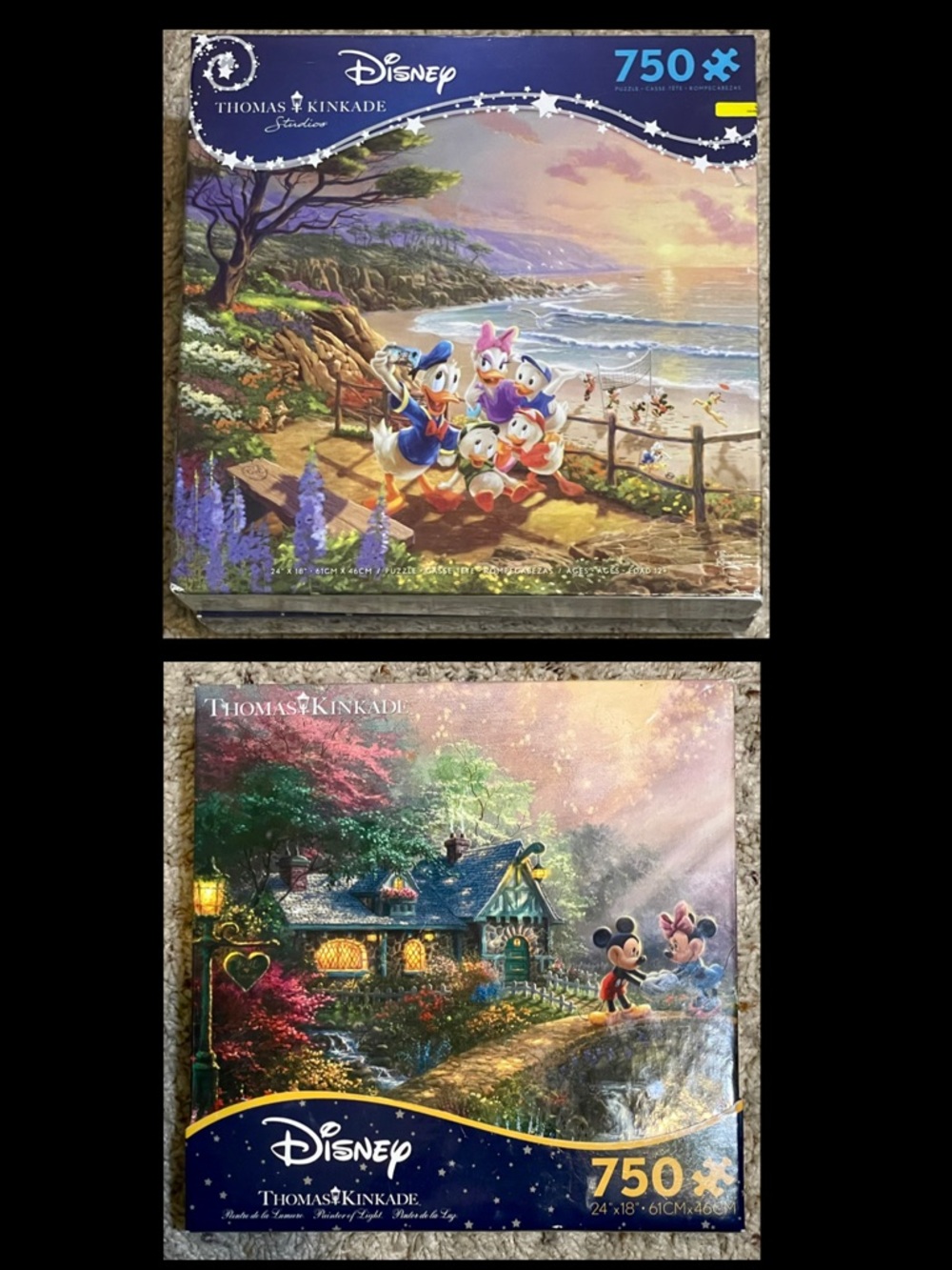Thomas Kinkade Disney 750pc Puzzle lot of 2. Mickey & Minnie Sweetheart Bridge